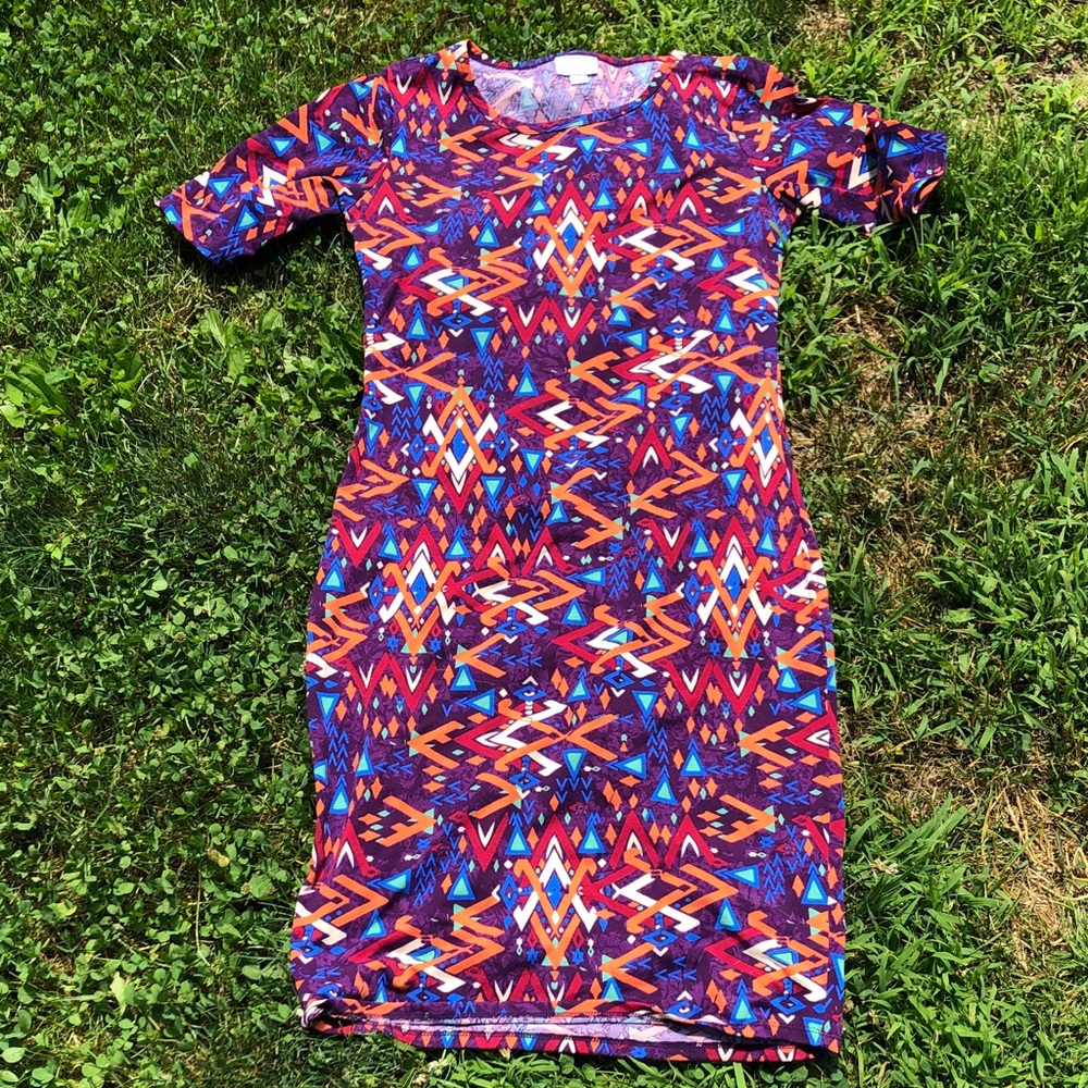 LuLaRoe Purple Orange Geometric Midi Dress